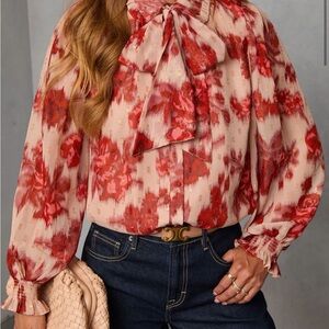 NWOT VICI Velvine Red Floral Neck Tie Long Sleeve Blouse Top XS